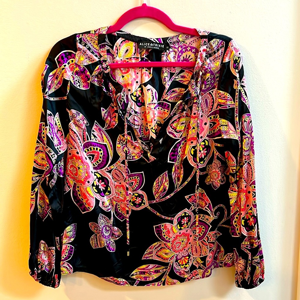 Alex & Tricia Black Multi-colored Print Silk Long-sleeved Blouse Size XS